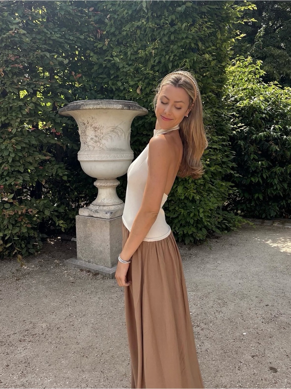 SOLID & STRIPED Cream Halter Top with Brown Maxi Skirt